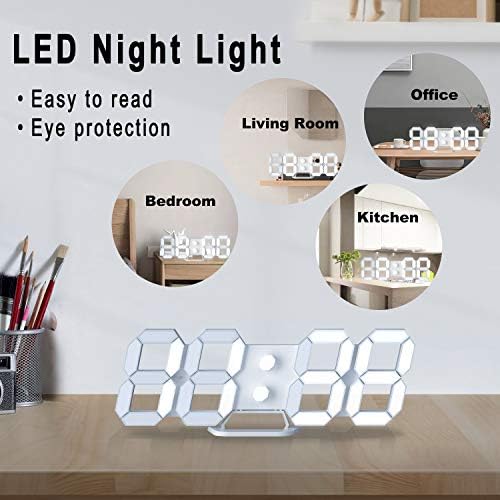 3D LED Digital Wall Clock with Remote Control, 9.7 Inch, White - Image 2