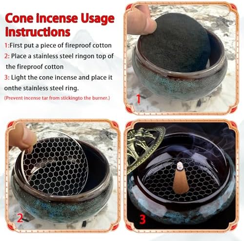 Ceramic Incense Burner Holder Set – 9 Hole Incense Stick Holder with Coil Incense Holder & Burner Tray – Multi-Function Censer for Cones, Coil Incense, and Stick Incense (Fambe Blue) - Image 4