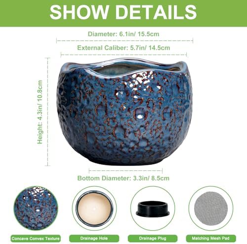 6 Inch Plant Pot, Ceramic Pots for Plants, Retro Blue - Image 2
