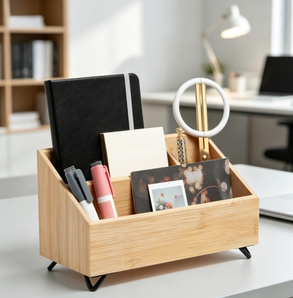10 x 4.8 x 6 Inch Bamboo Verona Desktop Organizer Office Storage Caddy - Image 5