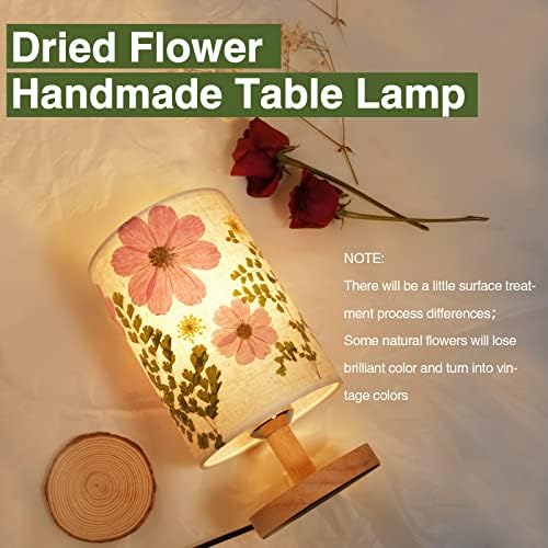 Dried Flowers Small Table Lamp 9W LED Dimmable Warm Light Pressed Flower Bedside Lamp Linen Shade with Wood Base for Bedroom Living Room Desk Nursery - Image 2