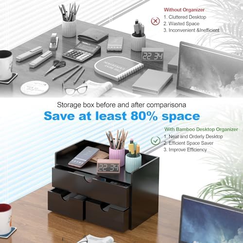 Bamboo Desk Organizer with Drawers Desktop Storage Drawers for Bills Office Supplies Kitchen Utensils Organizing Tool for Home Classroom Organization No Assembly (Black with Shelf) - Image 5