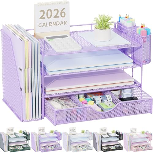 gianotter Desk Organizers and Accessories with File Holder, 4-Tier Desk Accessories & Workspace Organizers with Drawer and 2 Pen Holder, Paper Organizer for Office Supplies (Purple) by gianotter