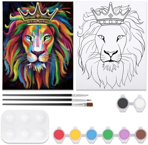 VOCHIC Paint and Sip Kit, Pre Drawn Canvas for Painting for Adults Paint Party Supplies Art Set for Beginner Gift Favor, 8 Acrylic Colors, 3 Brushes,1 Pallet (Lion King, 12x16 in) by VOCHIC