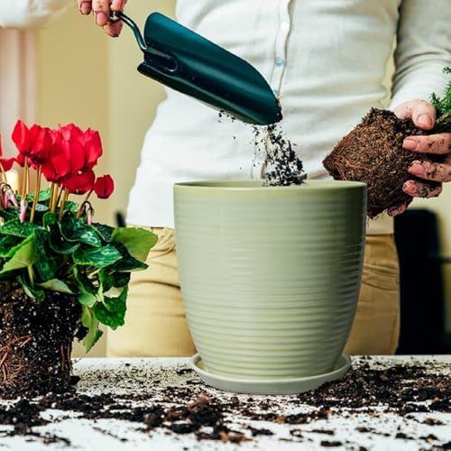 Ceramic Planter - 10 Inch Plant Pot for Indoor Outdoor with Drainage Hole and Plant Tray, Modern Round Home Office Patio Room Decor, House Warming Gifts, Green - Image 4