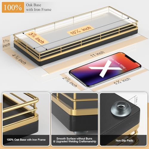 Wooden Decorative Tray, Oak 11.2" L Coffee Table Tray for Kitchen Countertop Soap Sponge Holder Candle Nightstand Table Centerpieces for Dining Room Decor Black Gold - Image 2