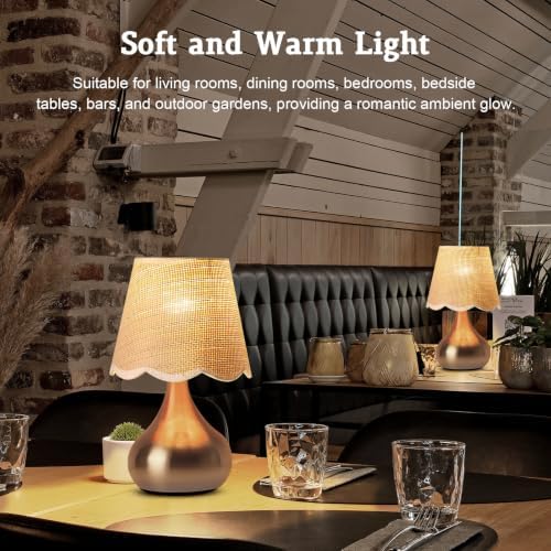 Small Table Lamp - Brass Gold Mini Table Lamps for Bedroom Vintage Decor Bedside Lamps for Night Stands Scalloped Rattan Shade Desk Lamp for Kids Room, Living Room, College Dorm, Home, Kitchen - Image 6
