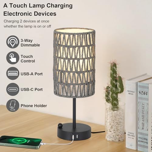 Touch Bedside Lamp For Bedroom with Bulb, Gray Boho Small Table Lamp For Living Room With Rattan & Linen Shade, 3 Way Dimmable Table Lamp For Nightstand With USB Charging Port & Phone Stand For Office - Image 3