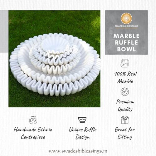SWADESHI BLESSINGS Handcrafted Large Marble Ruffle Bowl for Home Decor, 12" - Image 3