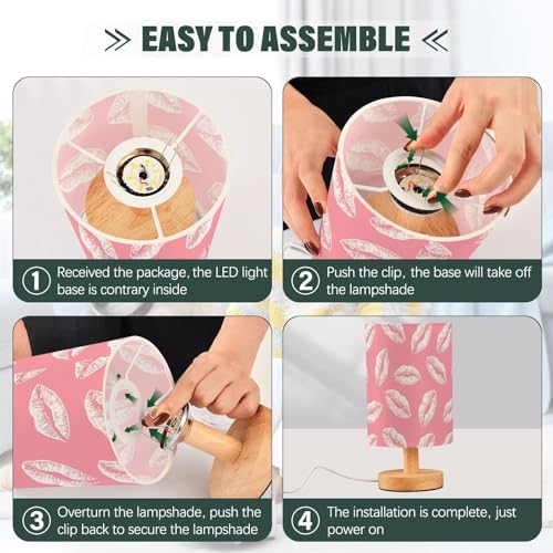 Light Pink Kiss Lip Pink and White Bedside Table Lamps with USB Port for Bedroom Lamp Table Lamp Small Nightstand Lamp Sturdy Linen Shade Wooden Decorative Lamps for Home Dorm Office Living Room - Image 6