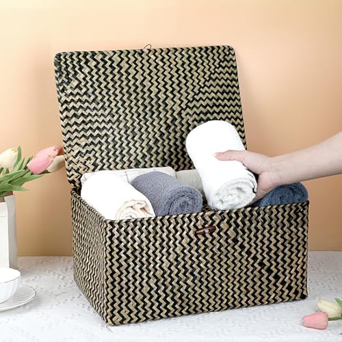 Hipiwe Wicker Shelf Baskets with Lid, X-Large Woven Seagrass Storage Bins - Image 4