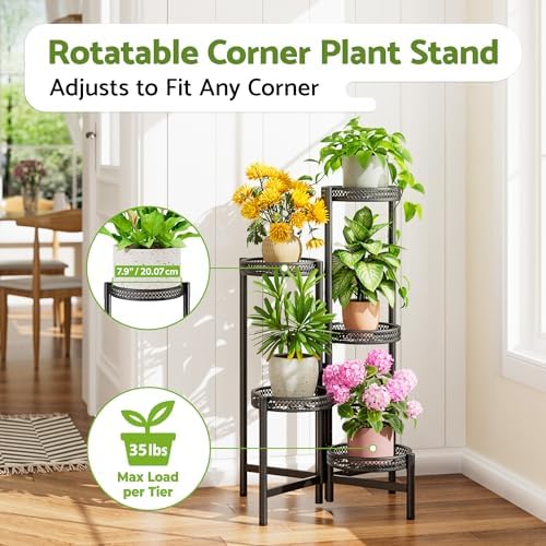 Plant Stand Indoor Outdoor, 5 Tier Corner Metal Flower Display Holder Shelf, Folding Tall Rack for Patio Balcony Porch Garden Living Room House, Heavy Duty Wrought Iron Plant Shelf- BlackWave - Image 2