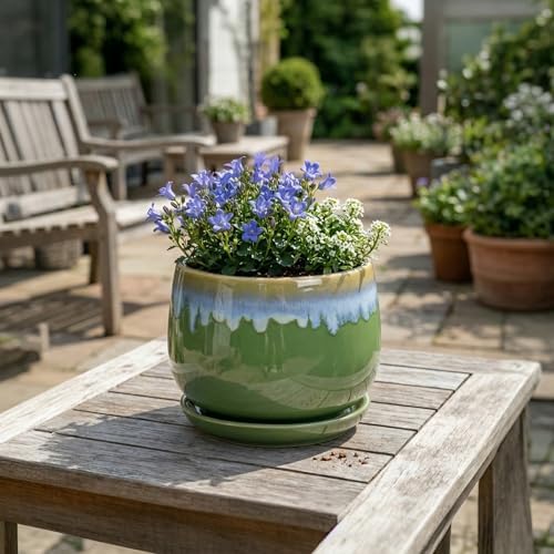 Ceramic Flower Pots, 7 Inch Indoor Plant Pot, Green-Blue - Image 4