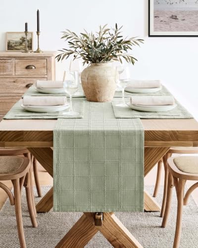 ZeeMart Linen Checked Farmhouse Table Runner, 13x72 Inches Seeding Green - Image 2