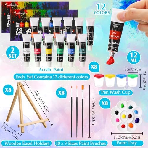 Cholemy 8 Set Paint and Sip Kit for Adults 8'' x 10'' Pre Drawn Canvas with Wooden Easels Acrylic Paint Brushes Wash Cup Palette Apron for Painting DIY Date Night Party Supplies(Sunset) - Image 4