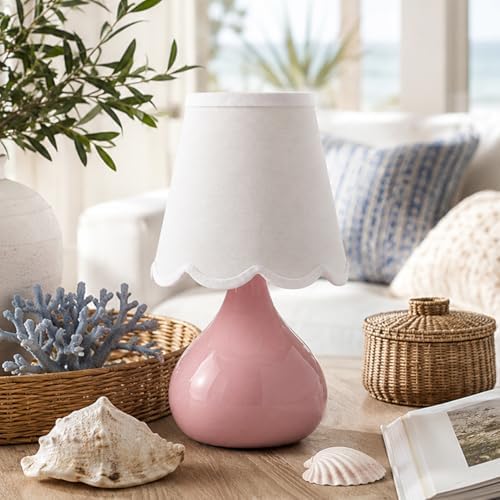 12" Cordless Table Lamp, Small Rechargeable Pink Ceramic Bedside Lamp with Magnetic LED Bulb, 3 Colors & Stepless Dimmable, Battery Operated Aesthetic Scalloped Lamp for Bedroom, Nursery, Girls Room by Lampworks