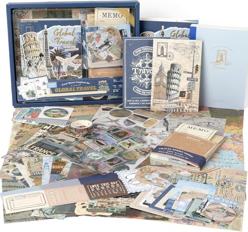 ATIRAMANIYA 346pcs Vintage Scrapbook Kit Aesthetic Junk Journal Set with Stickers, Washi Tape, A6 Notebook & Decorative Paper, All-in-One Scrapbook Kit Stationery (Global Travel) by ATIRAMANIYA