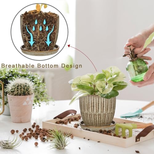 Oairse Ceramic Pots for Indoor Plants, 4.7 +5.7 inch Pots for Plants Set of 2 Brown Plant Pots with Drainage Holes and Saucers Texture Ceramic Planters Indoor Outdoor Flower Pot for Succulent - Image 4