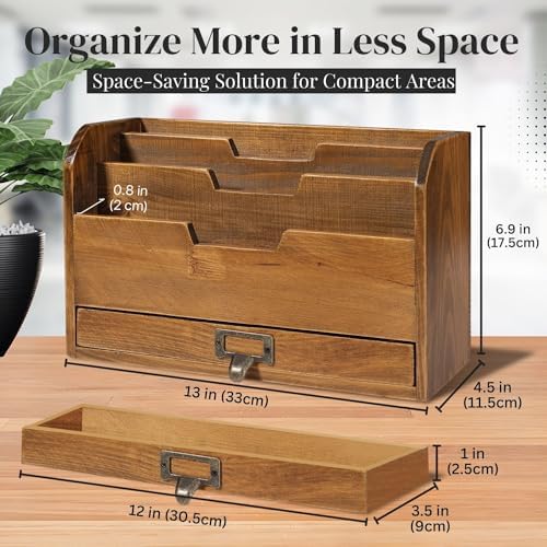 Flexzion 3 Tier Wooden Desk Organizer - Country Rustic Compartments Slot File Tray Pencil Sorter Shelf Holder Supplies Rack Accessories Set with Storage Drawer for Desktop Tabletop Office Home Brown - Image 6