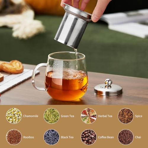DOPUDO Glass Tea Cup with Infuser and Lid, 14.5oz/450ml Large Borosilicate Glass Teacup with Stailess Steel Filter, Clear Mug for Loose Leaf Blooming Tea, Dishwasher Safe - Tea Maker Gift. - Image 6