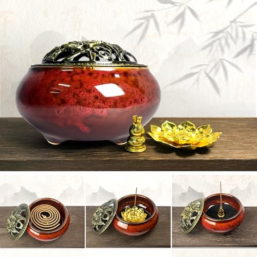 Ceramic Incense Burner, Bowl Burner,Cone Incense Burner with Brass lid for use with Stick or Cone-Shaped Incense，Lotus Incense Stick Holder Calabash Incense Stick Holder, 3pc (Fambe Red) - Image 4