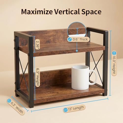 2-Tier Countertop Organizer, Iron-Wood Coffee Station Shelf, Heavy Duty Kitchen Counter Spice Rack for Coffee Bar, Pantry, Bathroom Storage(Brown) - Image 2