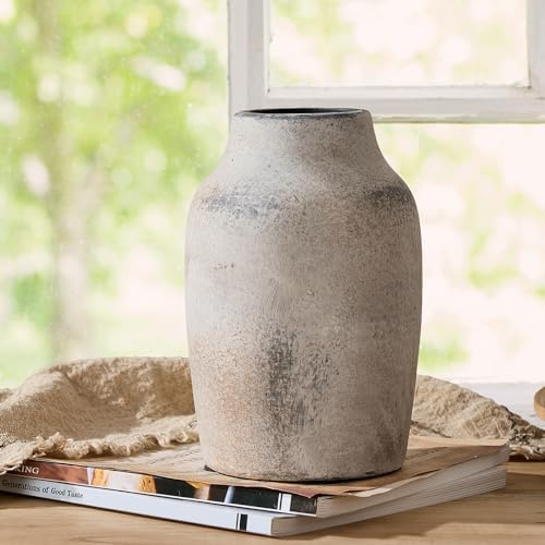 SIDUCAL Ceramic Rustic Farmhouse Vase | 7.2 Inch Pottery Decorative Flower Vase for Home Decor | Whitewashed Terracotta Boho Vase for Table, Living Room, Bathroom Decoration, Shelf Decor, Mantel - Image 2