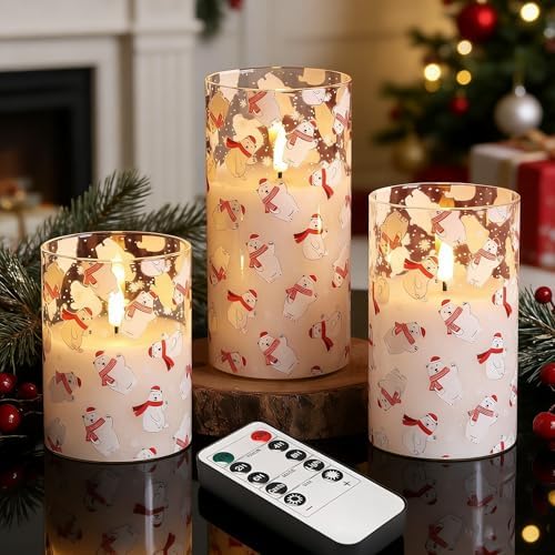 Eywamage Christmas Glass Flameless Pillar Candles with Remote, Flickering LED Battery Candles Bear Holiday Winter Table Decor Gift Set of 3 by EywamageCandles