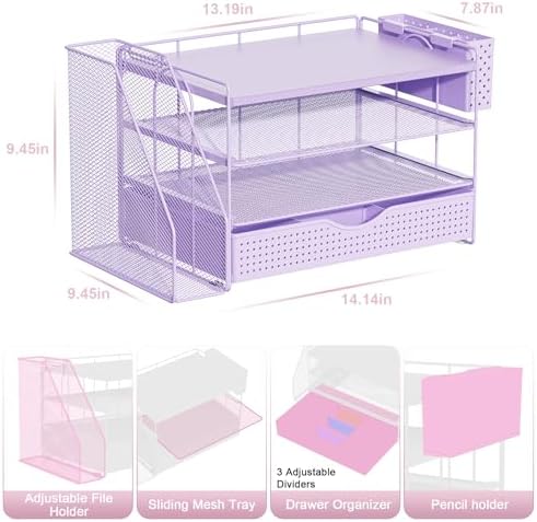Wood Desk Organizers and Accessories with File Holder, 4-Tier Desk Accessories & Workspace Organizers with Drawer and Pen Holder, Desk Reference Organizer (Purple, 4T with Drawer) - Image 4