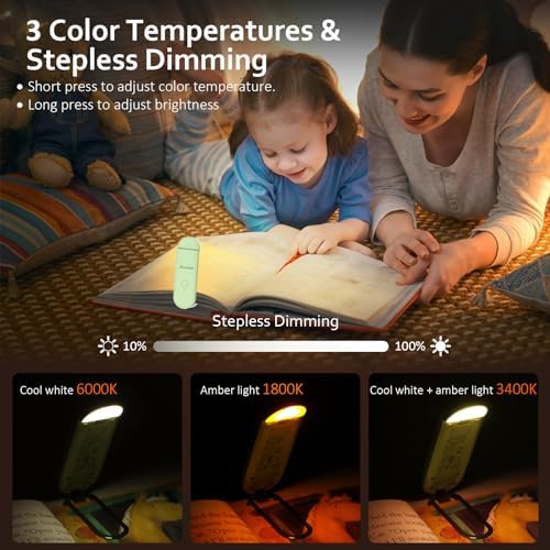 Akomid Book Light, USB Rechargeable, Eye-Cared Amber Light, 8 LEDs, Green, Modern Style, Metal & Plastic, Clip-On, Stepless Dimming, for Reading in Bed, Kids, Living Room - Image 4