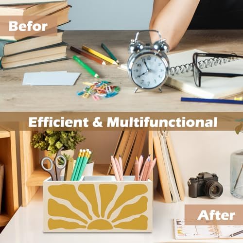 DILSJ Boho Abstract Sunshine Pen Pencil Holder Organizer for Desk, Boho Office Decor, Groovy Retro Abstract Sunshine Wooden Box Signs for Home Office Desk Tabletop Decoration - Image 6