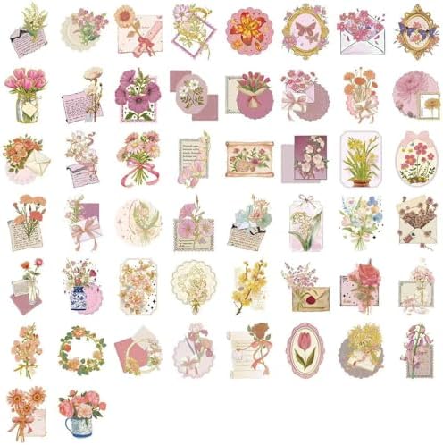 50Pcs Vintage Stickers,Waterproof Transparent PET Aesthetic Decorative Sticker Scrapbooking Supplies for Adult Card Making Letters Planner Journaling Junk Journal DIY Water Bottles Art Craft.Flowers - Image 2