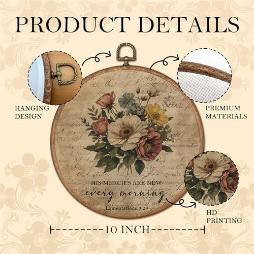 OFJE Vintage Floral Christian Wall Art Decor, His Mercies Are New Every Morning Scripture Round Wall Hanging Decor, Religious Flower Framed Canvas Prints for Living Room Decorations, 10x10 Inch - Image 6