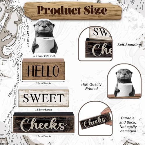 Moucuny 4 Pcs Otter Bathroom Decor Wooden Block Signs Hello Sweet Cheeks - Image 3