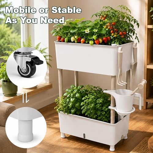 2-Tier 27.8"H Rolling Raised Garden Bed with Wheels, Self Watering Planter Box with Visible Water Level, Gray Rustproof Plastic Herb & Strawberry Planter for Indoor Outdoor Vegetables Flowers, DIY Kit - Image 3