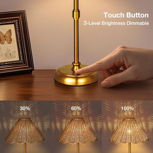 Cordless Boho Rattan Table lamp, 5200-mAh Rechargeable Battery, 3-level Brightness Dimmable, Build-in Integrated LED 320 Lumen Max, Rattan Shade, for Bedside Restaurant Resort Hotel Dining Table - Image 6