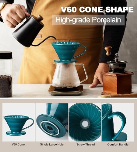 Pour Over Coffee Dripper - Ceramic Pour Over Coffee Maker Cone, Porcelain Coffee Drip, Pour Over Single Cup, Manual Brew Maker for Home, Cafe, Office - 1-4Cup, V60 Size 02 (Dark green) - Image 2