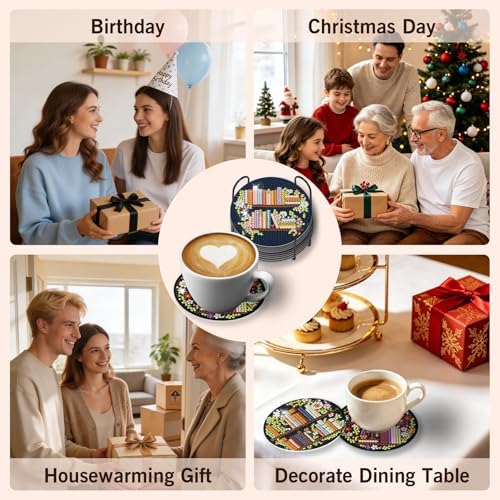 Diamond Art Coasters Kit for Adults, 8PCS Bookshelf Coasters with Holder - Image 7