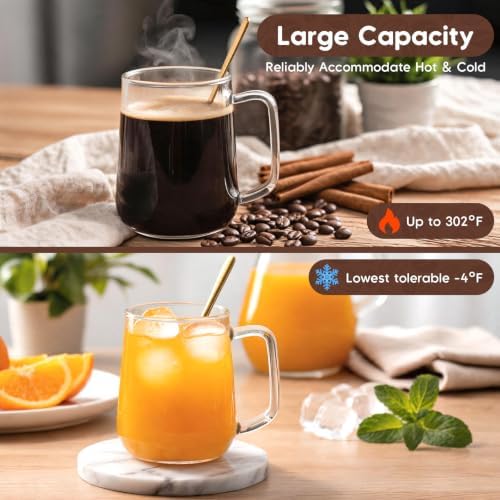 Glass Coffee Mugs with Spoons, 18 oz Glass Coffee Cups Set of 2, Clear Borosilicate Glass Mugs with Handles for Cappuccino, Tea, Latte, Hot/Cold Beverages, Wine, Americano - Image 4