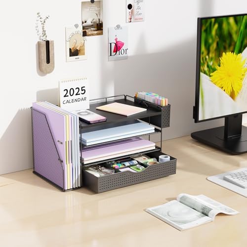Wood Desk Organizers and Accessories with File Holder, 4-Tier Desk Accessories & Workspace Organizers with Drawer and Pen Holder, Desk Reference Organizer (Black, 4T with Drawer) - Image 3