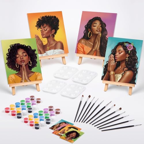 VOCHIC Sip and Paint Kit for Adults,Pre Drawn Canvas 4 Pack Painting Kit Party Girls Night Games Couples Paint Art Set Pray Girl 8x10 in - Image 2