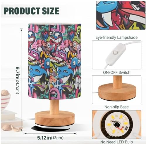 Graffiti Art Colorful Monster Cool Table Lamp for Bedroom USB Port Lamps Small Accent Table Lamp Nightstand Lamp Sturdy Linen Shade Wooden Base Decorative Lamps for Bedside Reading|Kids|Dorm|Home - Image 4