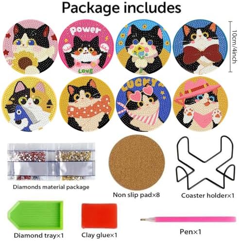 TCDZMYGS 8 Pcs Diamond Art Coasters Kit, Cute Cat Diamond Painting Coasters Kits for Adults, 5D Full Drill Diamond Dot Gem Art Craft Kit with Holder, Fun DIY Non Slip Coaster for Home Decor - Image 3
