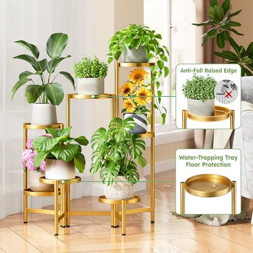 Stand Plants Gold, 7 Tiered Corner Plant Stand Indoor Outdoor, Tall Folding Rack with Rust Proof 7.9 Inch Wide Tray, Heavy Duty Flower Shelf for Multiple Plants for Patio - GoldDisk - Image 4