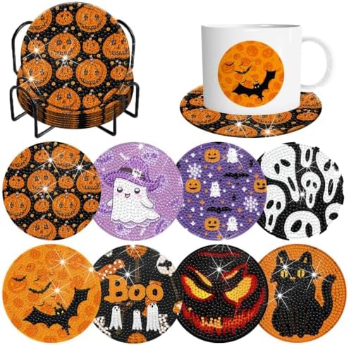8 Pack Halloween Diamond Art Painting Coasters with Display Holder DIY Kit by Demonwer