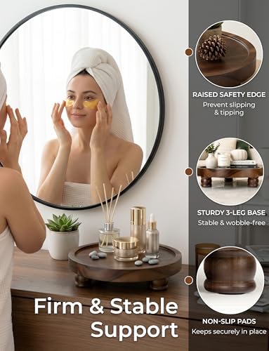 Demigo Acacia Wood Round Tray, 10 in Pedestal Riser Stand, Dark Brown - Image 5