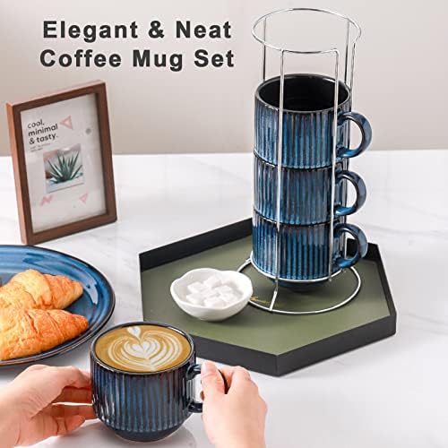 HASENSE 15 Oz Ribbed Stackable Coffee Mug Set of 4, Ceramic Latte Cups with Metal Stand, Dishwasher & Microwave Safe, Navy Blue for Cappuccino Tea Hot Cocoa - Image 2