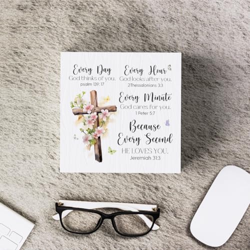Every Day God Thinks Of You Wooden Box Sign Inspirational Cross Jesus Decor Prayers Religious Scripture Gifts for Women Men Mom Sister Friends Birthday Male Coworker 5 x 5 Inch - Image 6