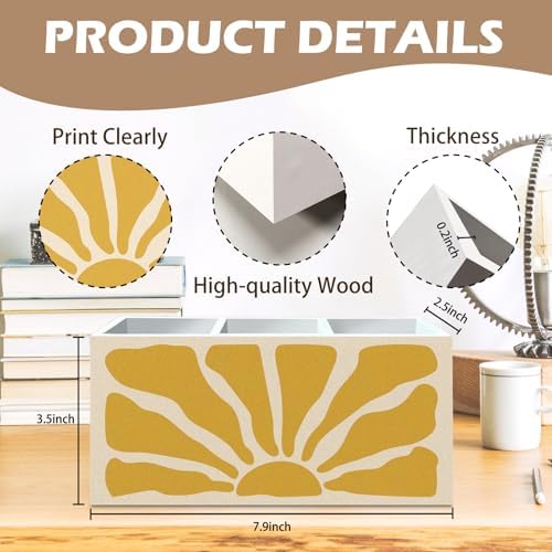 DILSJ Boho Abstract Sunshine Pen Pencil Holder Organizer for Desk, Boho Office Decor, Groovy Retro Abstract Sunshine Wooden Box Signs for Home Office Desk Tabletop Decoration - Image 7