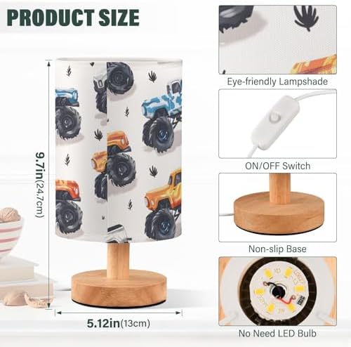 Bedside Lamp Monster Trucks White Lamp for Girls Boys Bedroom, Table Lamp with USB Port, Kids Nightstand Lamp Wood Base Room Desk Lamp (LED Bulb Included) - Image 3